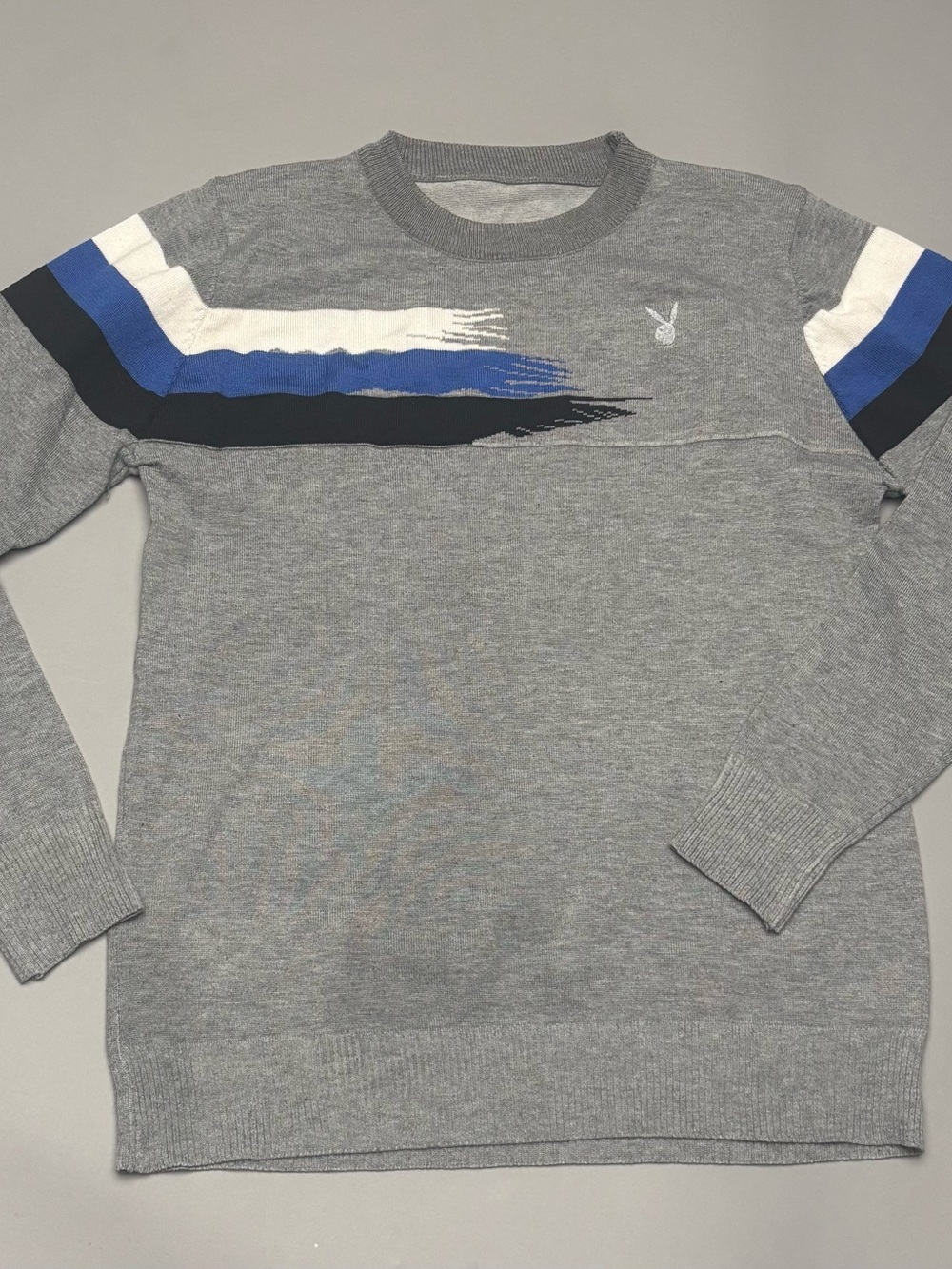 PLAYBOY Gray Crewneck Sweater with Blue, White & Black Stripe Accents